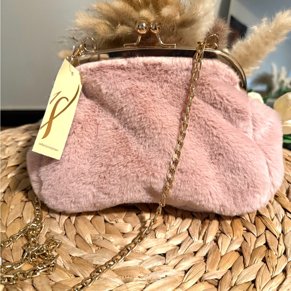 Collection Eighteen Blush Faux Fur Clutch with Gold Chain